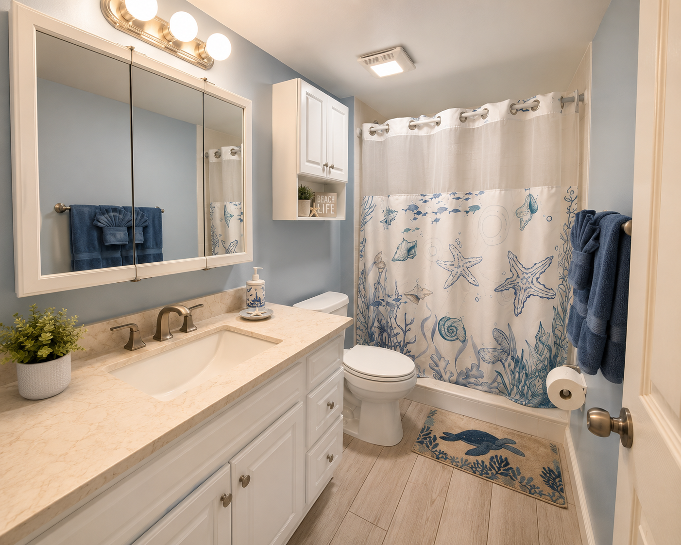 Unit 204 bathroom with Beach Life shelf