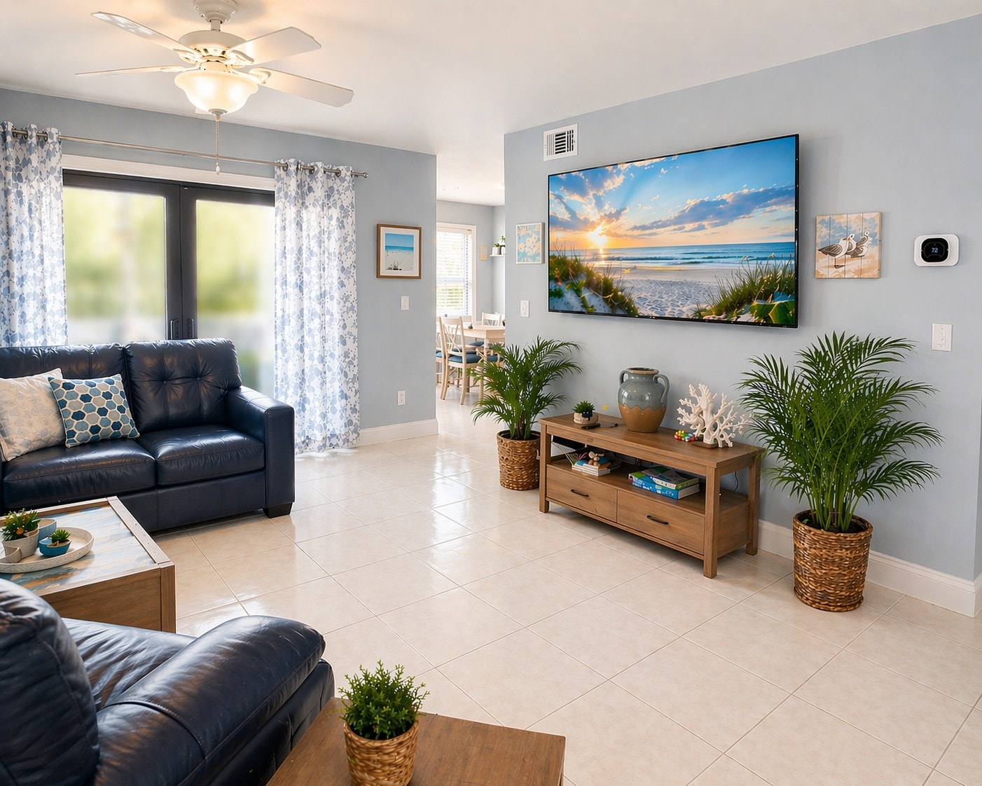 Unit 204 living room with navy sofa and coastal decor