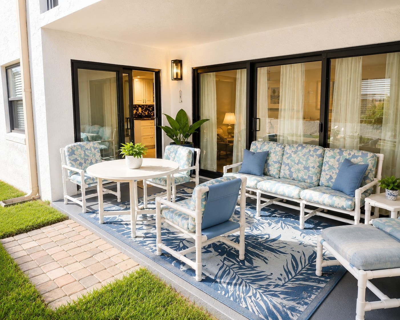 Unit 204 patio with blue floral outdoor furniture