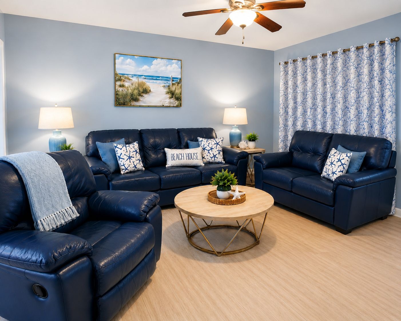 Unit 304 living room navy sofas